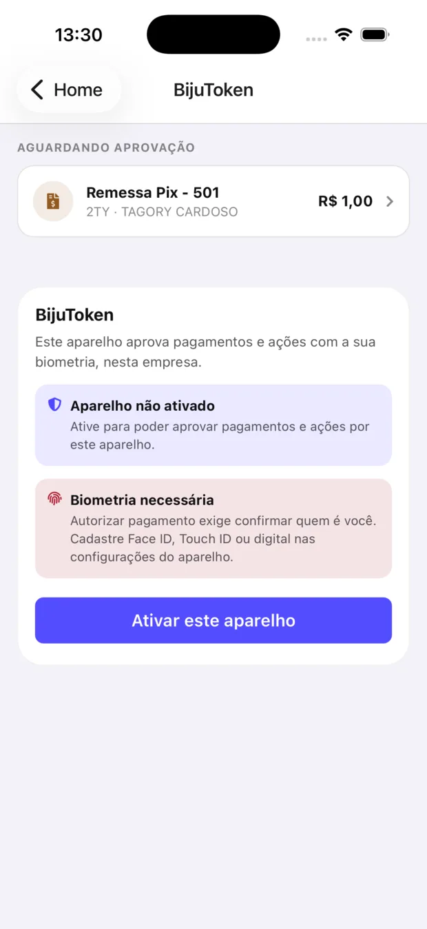 Tela do BijuToken, que aprova pagamentos e ações com biometria