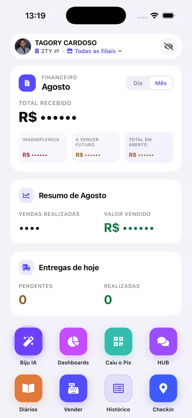 Tela inicial do aplicativo Força Operacional, com o resumo financeiro do mês e os atalhos dos módulos