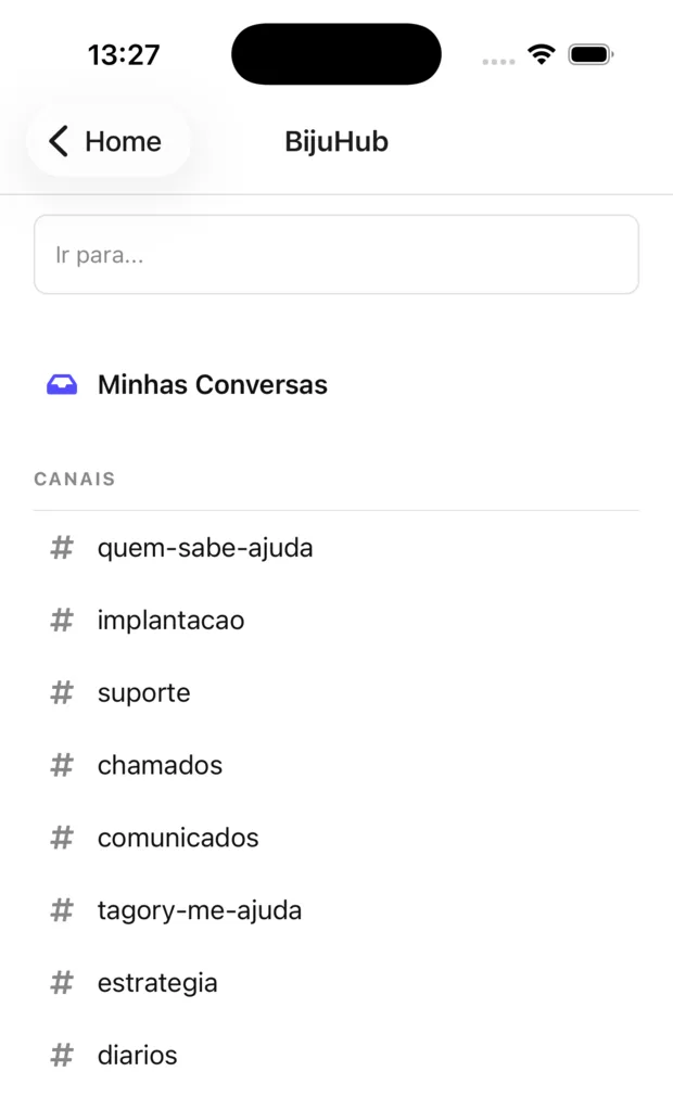 Tela do HUB com os canais da equipe