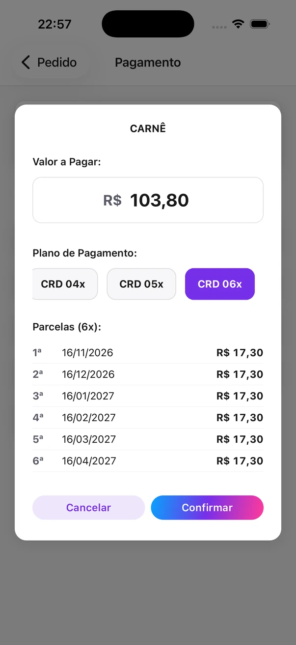 Carnê em 6 parcelas de R$ 17,30 simulado no app, com as datas de cada parcela