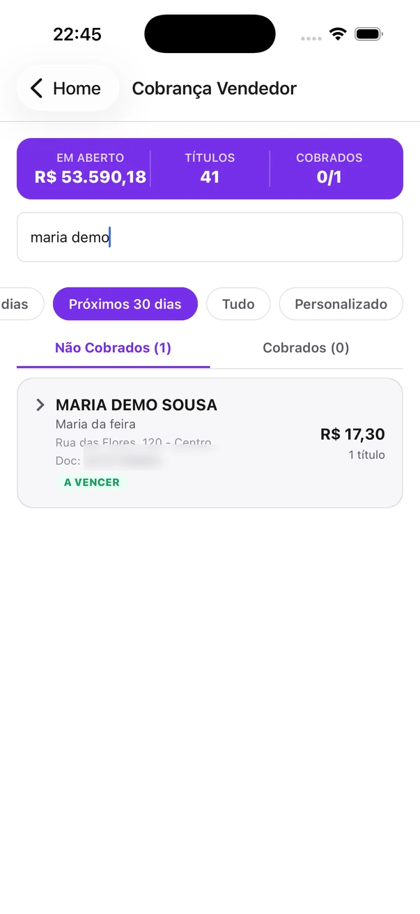 Cobrança do vendedor no app: total em aberto, filtro dos próximos 30 dias e a cliente com a parcela a vencer