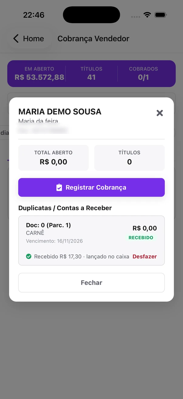 Parcela recebida em dinheiro no app, lançada no caixa, com a opção desfazer