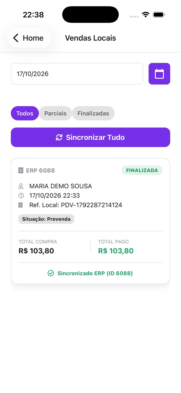 Venda feita no app enviada ao sistema, com o aviso de sincronizada