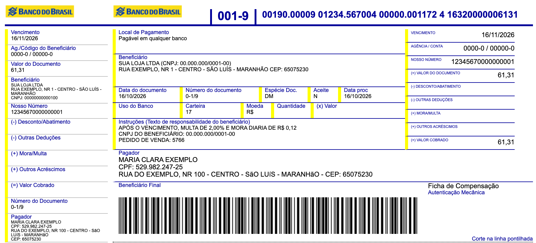 Lâmina do carnê de boletos com vencimento, valor da parcela, linha digitável e código de barras