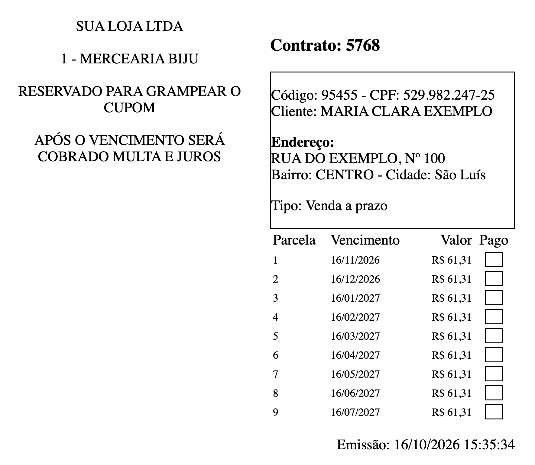 Carnê de pagamento da loja com as 9 parcelas, vencimentos e campo para marcar o pago