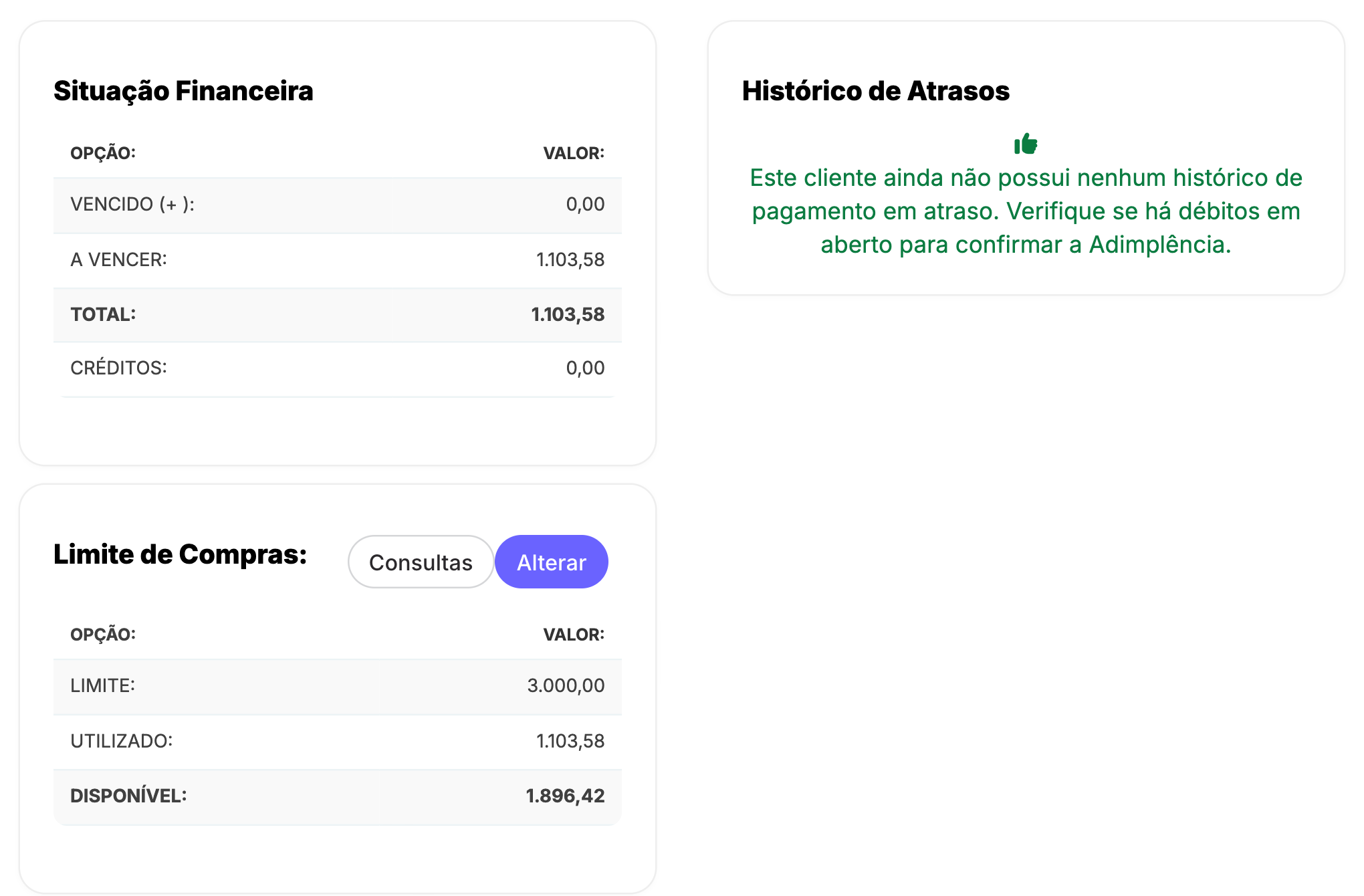 Central do cliente com situação financeira, limite de R$ 3.000, utilizado e disponível, e histórico sem atrasos