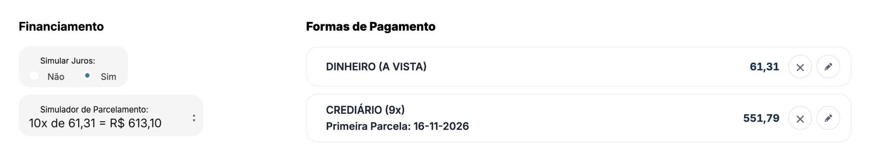 Tela de pagamento do PDV com simulação de juros em 10x de R$ 61,31: entrada em dinheiro e 9 parcelas no crediário