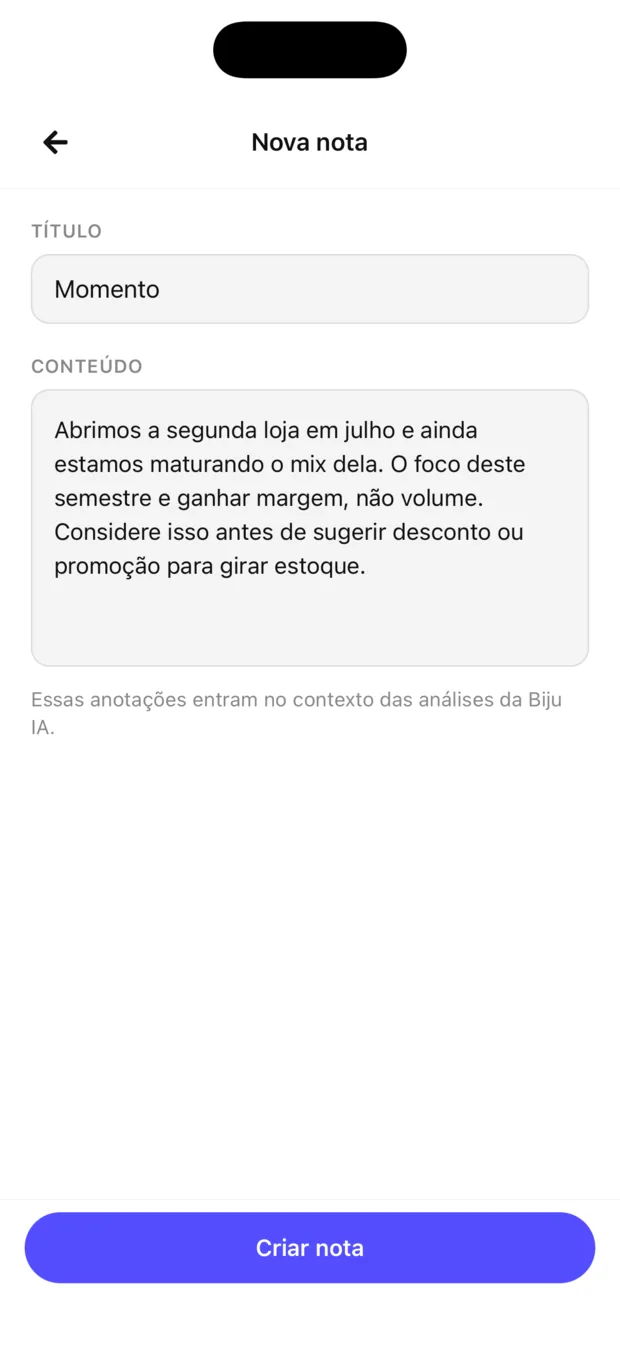 Nota de contexto explicando o momento da empresa, que a Biju.IA considera nas análises