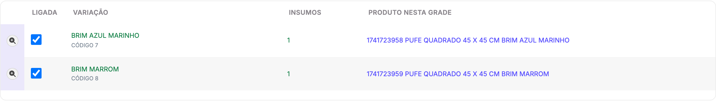 Aba Variações da grade Pufe Quadrado com dois tecidos ligados e o produto que cada um gerou