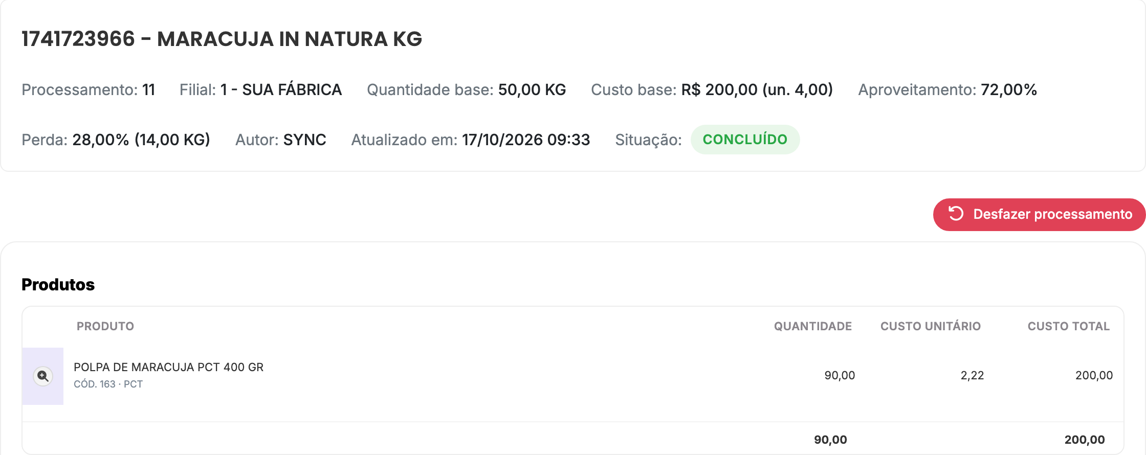 Processamento de estoque: 50 kg de maracujá viram 90 pacotes de polpa de 400 g, com aproveitamento de 72% e custo de R$ 2,22 por pacote